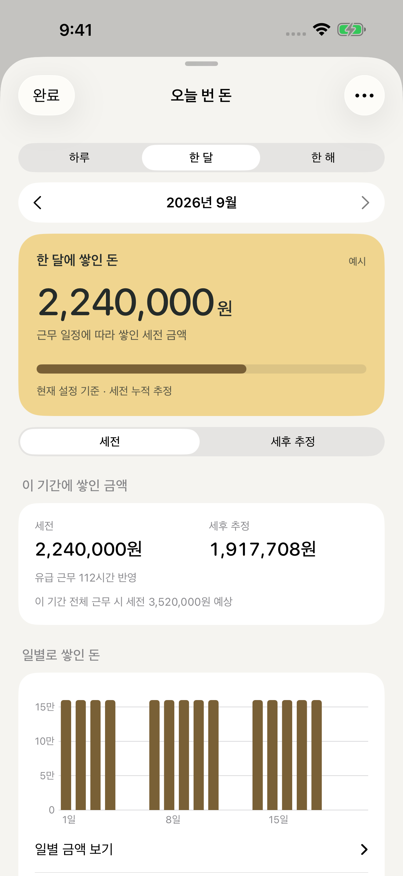 설정한 급여와 근무 일정에 따라 이번 달 수입의 세전 금액과 세후 추정을 보여주는 타임플로우 화면